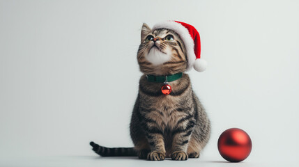 cat wearing a red Santa hat and green collar with a bell
