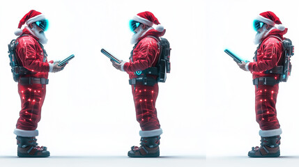 High-tech Santa Claus holding a futuristic holographic tablet, shown from multiple angles with glowing LED trim and futuristic glasses, isolated on a white background. Generated AI
