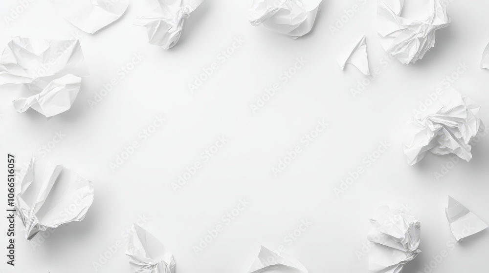 Poster crumpled white paper background texture, blank canvas for creative design and text with ample copy s