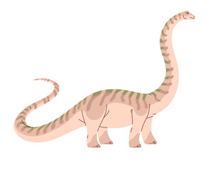 Diplodocus walks. Big dinosaur with long neck, tail. Huge dino with striped skin, ancient reptile strolls. Giant Jurassic animal. Paleontology. Flat isolated vector illustration on white background