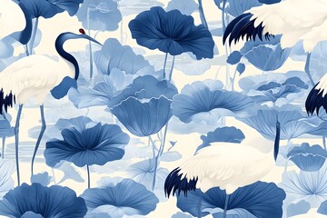 Obraz premium Crane in lotus pond seamless pattern
