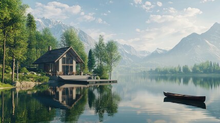 Fototapeta premium a serene scene featuring a villa by a pristine lake, surrounded by trees and mountains. Show a reflection of the villa in the calm water, with a small dock and a canoe nearby for added detail.