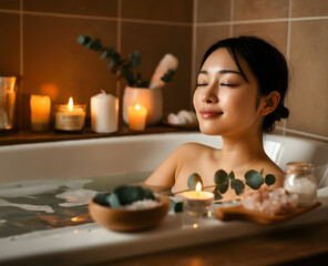 湯船につかる女性　リラックス　ビューティー　温活