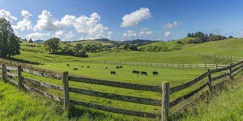 Fototapeta premium A serene scene of a farmer tending to livestock in a lush green pasture, with cows grazing peacefully under a clear blue sky and a rustic fence marking the boundaries of the farm.