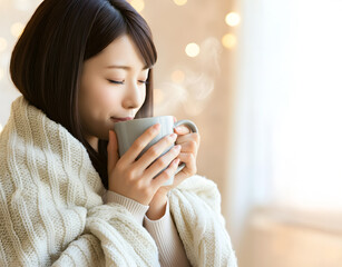 部屋でホットドリンクを飲む若い女性　温活　白湯