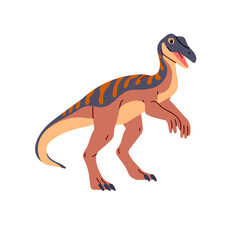 Compsognathus. Little dinosaur species, small dino with patterned skin. Ancient reptile, wild carnivorous animal of Jurassic era. Paleontology. Flat isolated vector illustration on white background