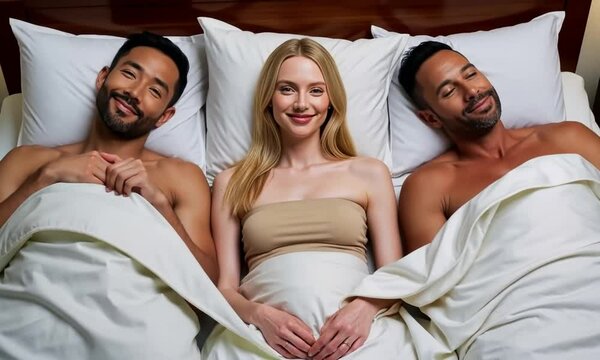 Three friends share a cozy moment in bed at a weekend getaway during a relaxing afternoon