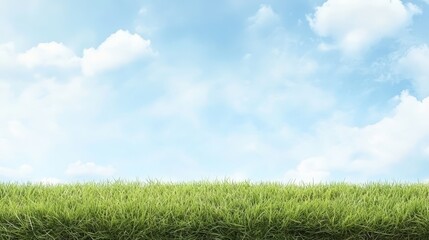 Vast grass field under a vibrant blue sky, serene nature landscape lush