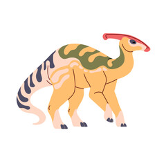Parasaurolophus walks. Big dinosaur with crest on head. Wild dino with patterned skin. Ancient reptile, animal of Jurassic era. Paleontology. Flat isolated vector illustration on white background
