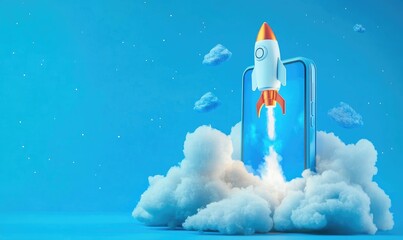 Rocket Launching From Mobile Phone Screen - Futuristic Innovation Concept