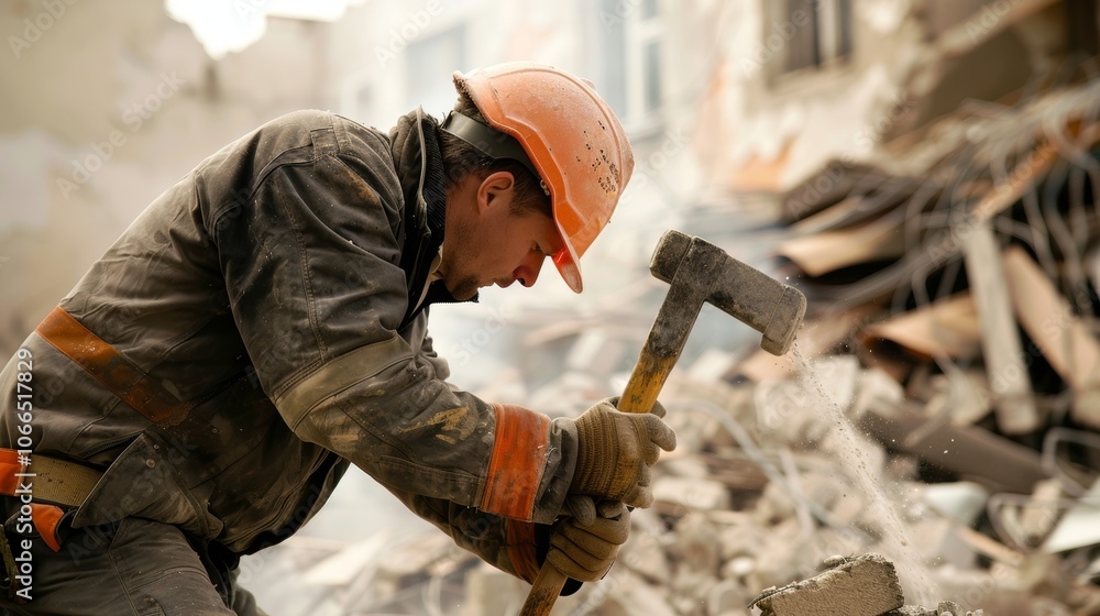 Poster a demolition worker using a sledgehammer to break apart the remaining structure of a derelict buildi