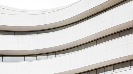 Modern building facade with curved lines and large windows, white isolate background.