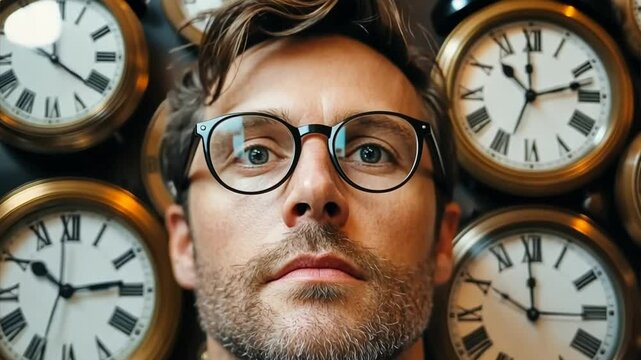 A Thoughtful Man Stands in Front of Clock