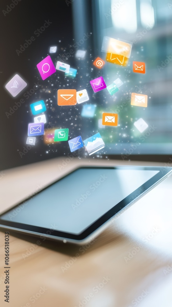 Poster Colorful application icons float above a digital tablet on a desk, representing social media marketing and mobile app development in the digital age