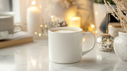 White ceramic coffee mug on a stylish counter surrounded by bright decor, perfect for creating a warm atmosphere. Ideal for a cozy coffee moment, with ample copy space for text.