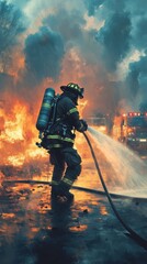Naklejka premium A firefighter in full gear, spraying water from a hose at a burning building