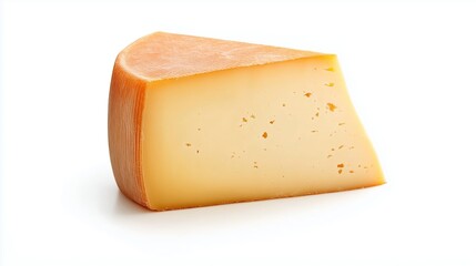 A wedge of creamy yellow cheese with a smooth texture against a plain background showcasing its rich color and fresh appearance