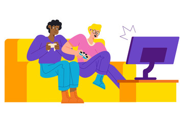 Two Friends Playing Video Games Together On A Couch With Controllers Illustration