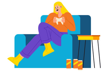A Woman Sitting On A Couch Deeply Engaged In Playing A Video Game Illustration
