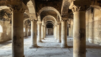 Obraz premium Captivating architectural beauty arises from the remnants of an ancient building, highlighting the intricate stones and pillars, with ample photo space for creative use.