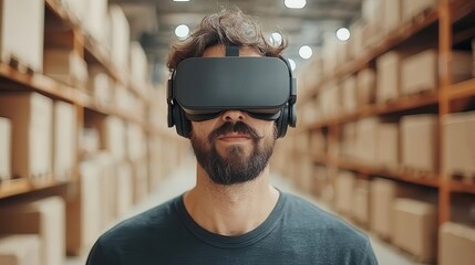 Worker using VR headset to monitor warehouse automation, symbolizing innovation in logistics