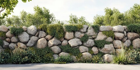 Digital Retaining Walls incorporate elements like stones, moss, and greenery to create a unique aesthetic and functional landscape design with an emphasis on nature.