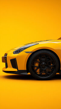 The striking yellow sports car features black alloy wheels, highlighting its modern design against a bright orange background in natural lighting