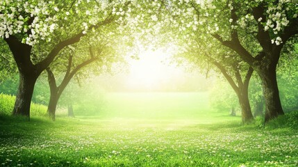 Obraz premium Breathtaking spring landscape, vibrant blooming trees and lush green meadow in scenic nature view