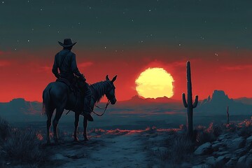 A lone cowboy on horseback rides through the desert at sunset.