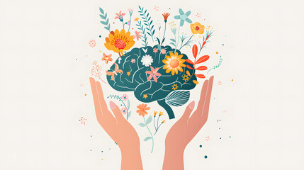Hands holding paper head human brain with flowers self care and mental health concept positive thinking 