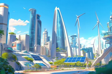 Fototapeta premium A futuristic city powered by renewable energy, with solar panels and wind turbines integrated into modern skyscrapers