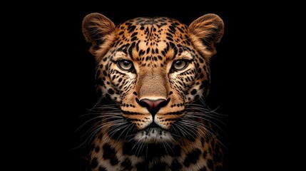 Naklejka premium A captivating leopard gazes intently at the camera, creating a powerful presence with its fierce expression. This leopard image offers captivating details and ample copy space.