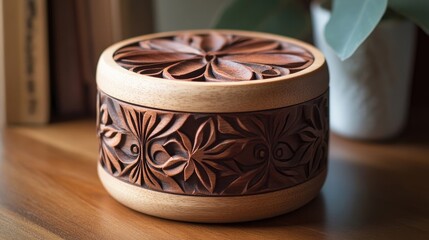 Handcrafted trinket box crafted with a beautifully carved lid, perfect for storing small treasures. This trinket box offers unique charm and character, with ample photo space.