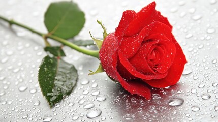 A single red rose with droplets of water on its petals, symbolizing love and passion