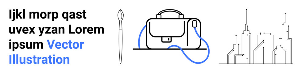 Business bag with a lock, a blue cord, paintbrush, and cityscape lines. Ideal for business, creative projects, travel, technology, art, urban planning, education. Landing page