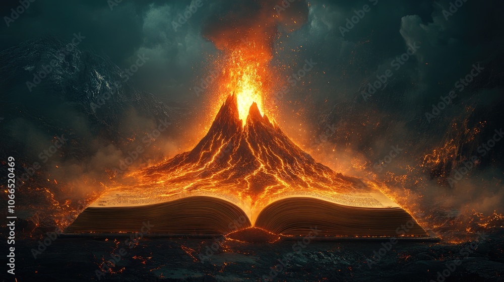 Poster a fiery volcano erupts from an open book, symbolizing the power and danger of knowledge.