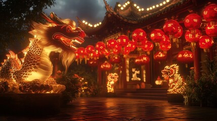 Fototapeta premium Chinese New Year Celebration with Dragon Dance and Red Lanterns