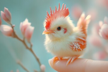 A delicate white chick with a red comb perches on a finger, adorned with a sparkling jewel against a backdrop of pink magnolia blossoms.