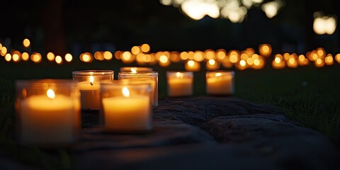 A tranquil and solemn candlelight vigil takes place at dusk, illuminated by a gentle and soft glow, creating an atmosphere of peace and reflection.