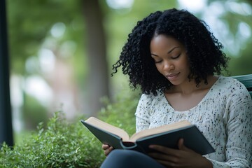 Fototapeta premium Woman reading Bible in park