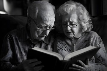 Elderly couple reading Bible together