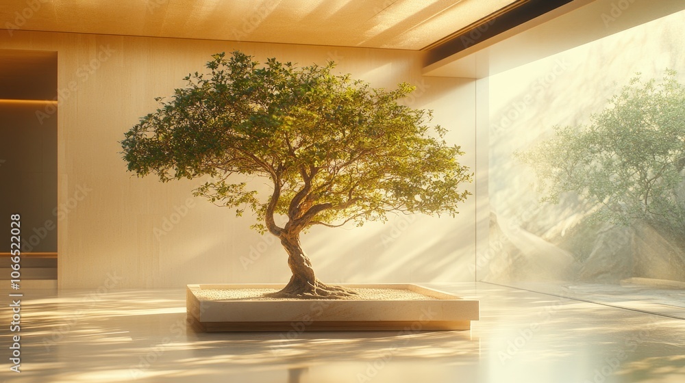 Poster a bonsai tree sits in a minimal room with large windows and sunlight streaming through.