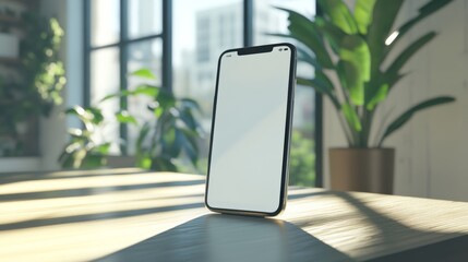 Modern smartphone with blank white screen standing on wooden table in sunlit office space with plants, perfect for showcasing mobile apps or websites