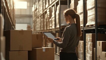 Female Manager Using Tablet to Check Inventory in Warehouse