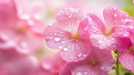 Fototapeta premium Macro photo of pink geranium flowers adorned with water drops, capturing the essence of nature, with a focus on the vibrant pink geraniums and ample copy space available.