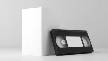 Obraz premium Realistic VHS box mockup with a blank white case beside the cassette, ready for custom branding.