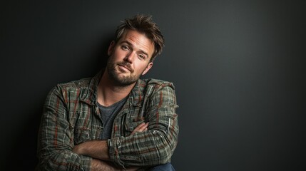 Obraz premium A studio portrait of a man in a casual outfit, leaning against a wall with a relaxed expression