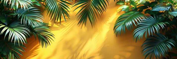 Fototapeta premium Bright yellow painted wall framed with green tropical palm leaves, sunlight with shadows patterns, summer background.