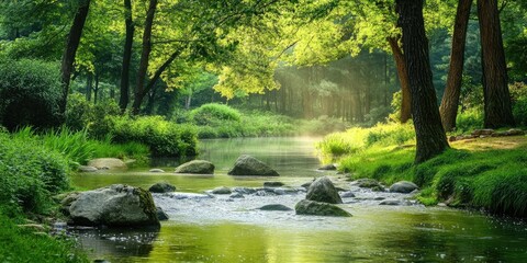 Obraz premium Tranquil river gracefully meandering through lush green scenery creates a peaceful atmosphere, highlighting the beauty of natures vibrant landscape.