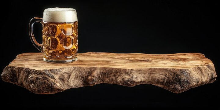 A rustic wooden tabletop serves as the perfect surface for showcasing a beer stein, making it an excellent choice for product display and presentation.